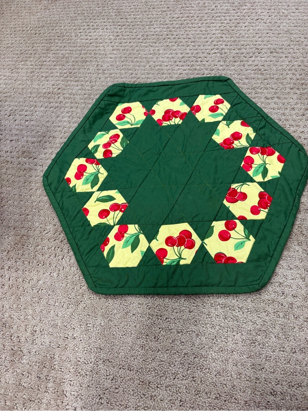 Hexagon Quilted Cherry Table Mat with Cherries